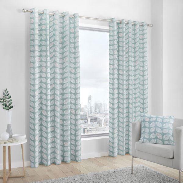 Fusion Delft Leaf Print 100% Cotton Eyelet Lined Curtains