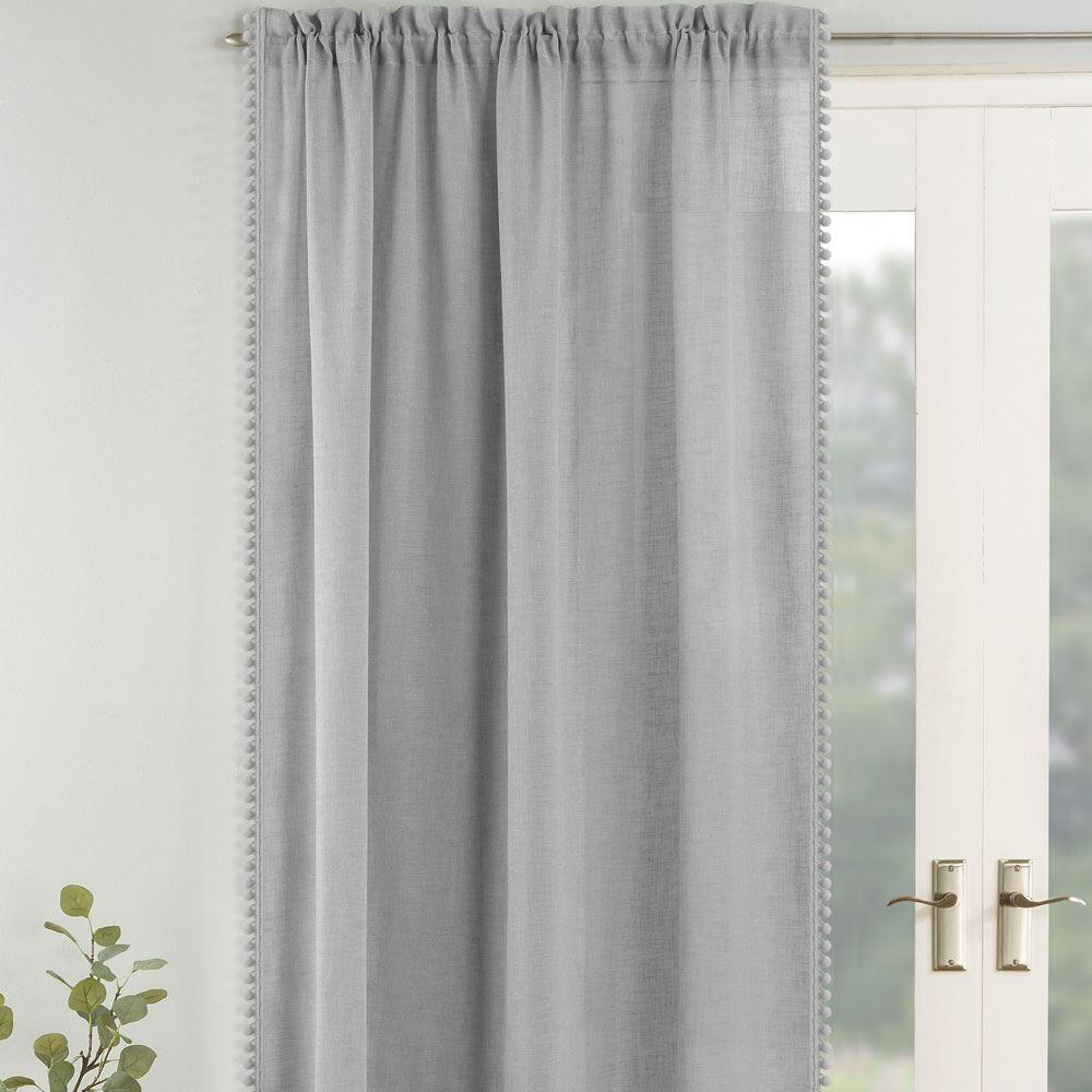 Tyrone Tahiti Pom Pom Trim Voile Slot Top Curtain Panel, Grey, 55 x 90 Inch