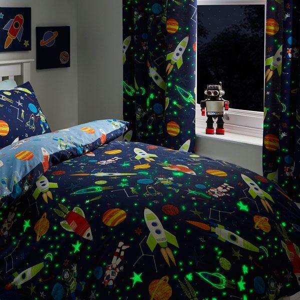 Bedlam Supersonic Glow in the Dark Print Pencil Pleat Lined Curtains, Blue, 66 x 72 Inch