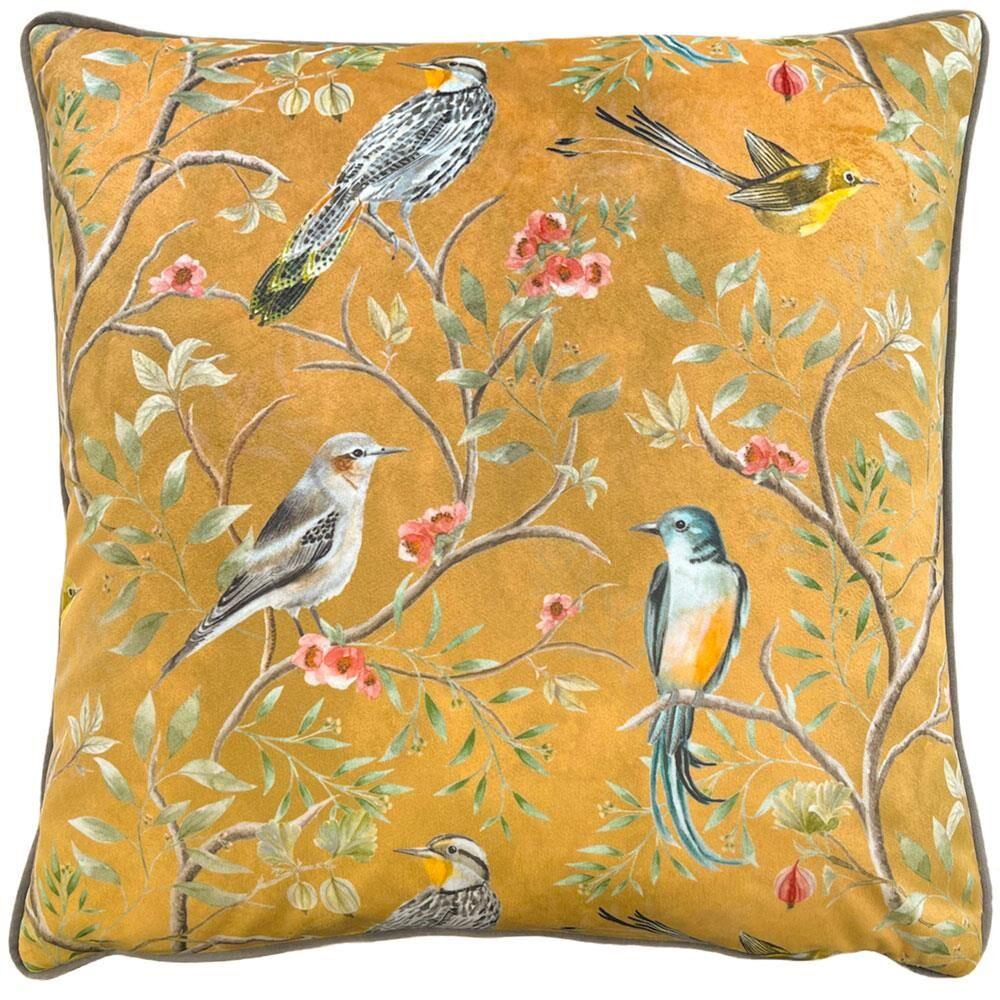 Wylder Tropics Orient Chinoiserie Birds Print Velvet Piped Edge Cushion Cover